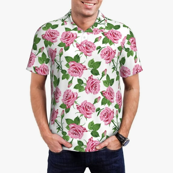 Pofeuu Rose Flowers Print Men's Loose Fit Midweight Short-Sleeve Pocket Polo-X-Large
