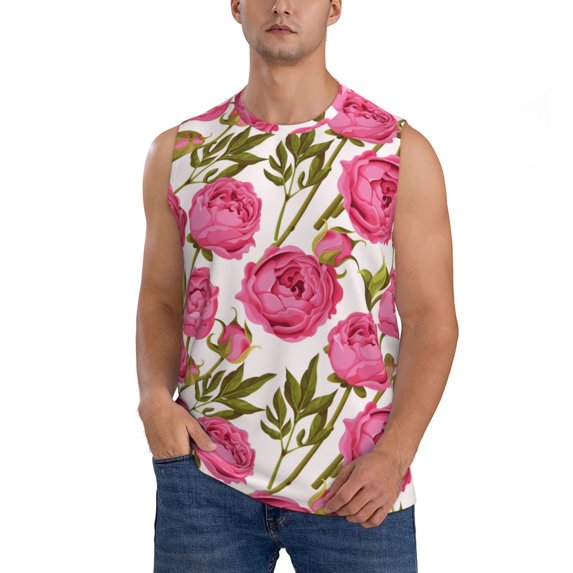 Pofeuu Rose Flowers Print Men's Muscle T-Shirt, Sleeveless, Muscle Tank, Classic Muscle Tee Top For Men Casual Sleeveless Muscle T-Shirt Trendy Clothes-XX-Large