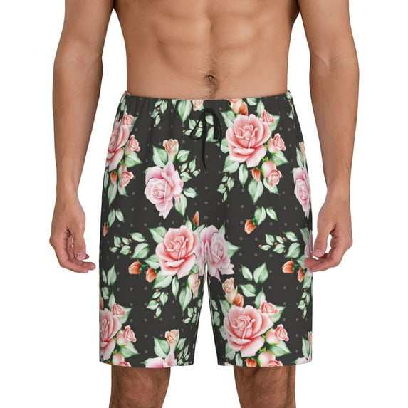 Pofeuu Rose Flowers Print Men's Soft Woven Elastic Waistband Sleep Pajama Short-Medium