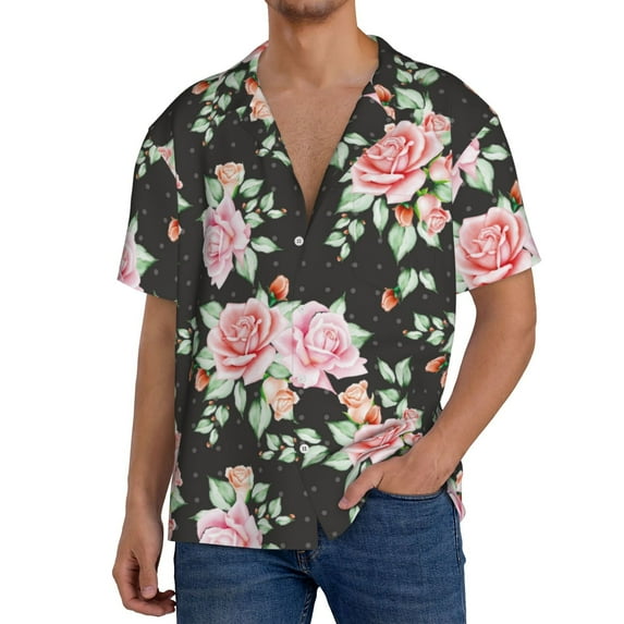 Pofeuu Rose Flowers Print Mens Casual Short Sleeve Shirts Beach Summer Spread Collar Pocket Tops Men's Casual Short-sleeved Shirt-Large