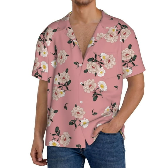 Pofeuu Rose Flowers Print Mens Casual Short Sleeve Shirts Beach Summer Spread Collar Pocket Tops Men's Casual Short-sleeved Shirt-Medium