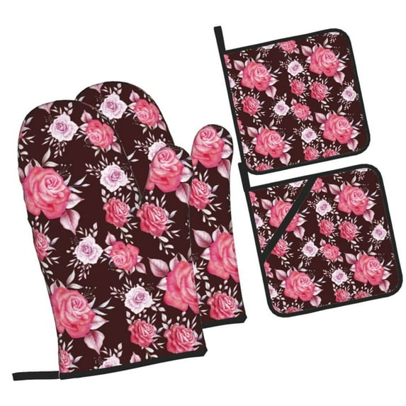 Pofeuu Rose Flowers Print Oven Mitts and Pot Holders 4 pcs Set,High Heat Resistant 500 Degree Extra Thicken Long Kitchen Cotton Oven Glove for Cooking