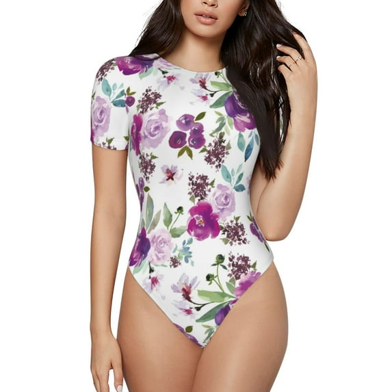 Pofeuu Rose Flowers Print Short Sleeve Body Suits Women Round Neck Bodysuits for Women Onesie Adult Set Body Suit-XX-Large