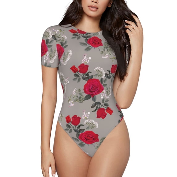 Pofeuu Rose Flowers Print Short Sleeve Body Suits Women Round Neck Bodysuits for Women Onesie Adult Set Body Suit-XX-Large