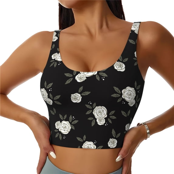 Pofeuu Rose Flowers Print Sports Bra for Women Sexy Vest Yoga Running Gym Fitness Crop Bras Tops-Medium