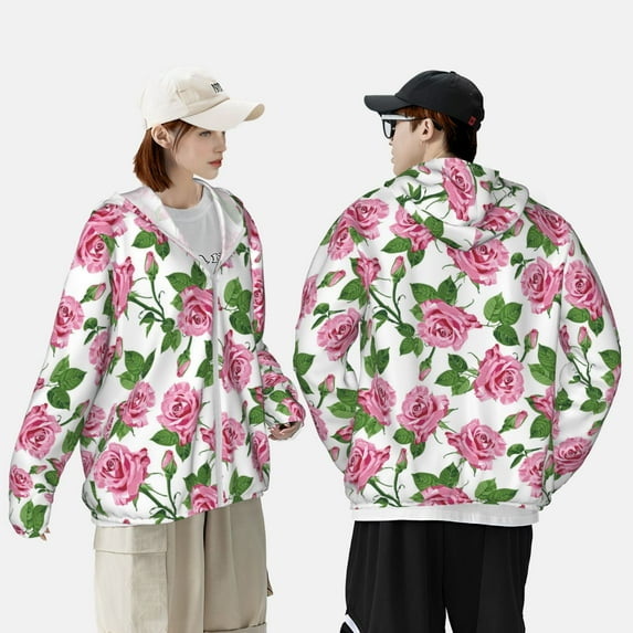 Pofeuu Rose Flowers Print Sun Protection Outdoor Lightweight Full Zip UV Cooling Hoodie Long Sleeve Summer Clothing for Outdoor Hiking-Medium