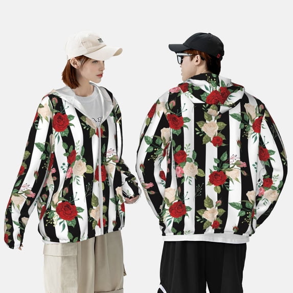 Pofeuu Rose Flowers Print Sun Protection Outdoor Lightweight Full Zip UV Cooling Hoodie Long Sleeve Summer Clothing for Outdoor Hiking-Medium