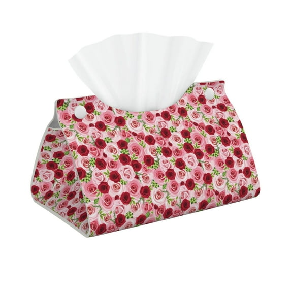 Pofeuu Rose Flowers Print Tissue Box Cover, Modern Decorative PU Leather Rectangular Tissue Box Case Organizer Holder for Vanity Countertop, Night Stands, Livingroom