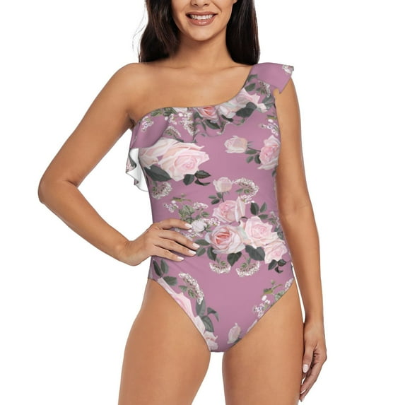 Pofeuu Rose Flowers Print Women's One Piece Swimsuits One Shoulder Swimwear Asymmetric Ruffle Monokinis Bathing Suits-XX-Large