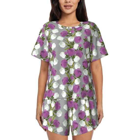Pofeuu Rose Flowers Print Women's Pajama Set Short/Shorts Soft Button PJs Elastic Drawstring Waist Sleepwear-Small