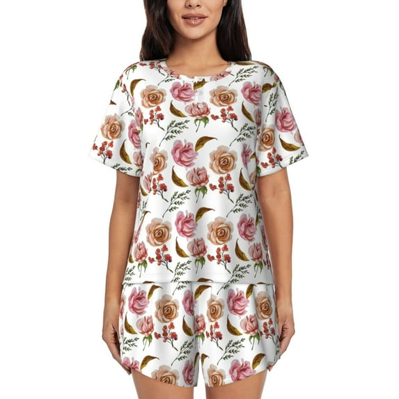 Pofeuu Rose Flowers Print Women's Pajama Set Short/Shorts Soft Button PJs Elastic Drawstring Waist Sleepwear-