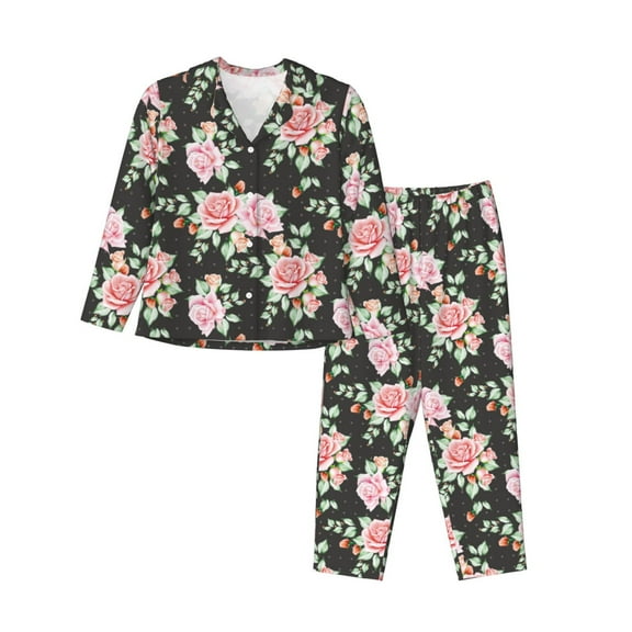 Pofeuu Rose Flowers Print Womens Pajamas Set Long Sleeve Sleepwear Button Down Nightwear Soft Pj Lounge Sets Button Down Pajamas Women-Large