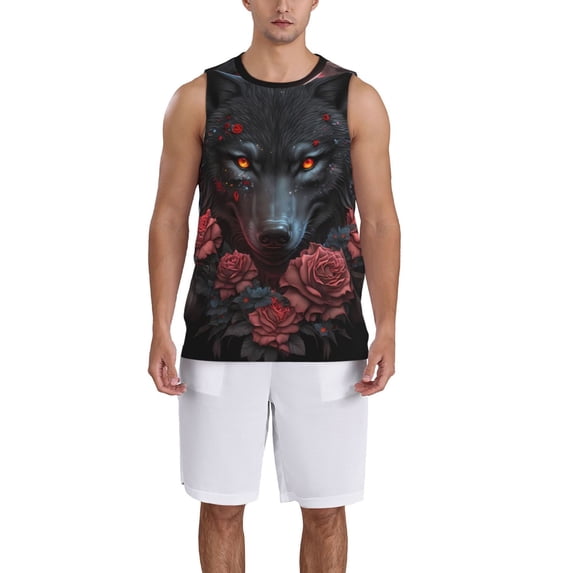Pofeuu Rose Full Moon Black Wolf Print Basketball Jersey, Shirts for Men Youth Basketball Jersey Crew Neck-4X-Large