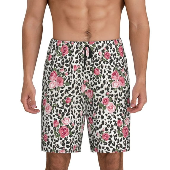 Pofeuu Rose Mix Leopard 3 Print Men's Soft Woven Elastic Waistband Sleep Pajama Short-4X-Large