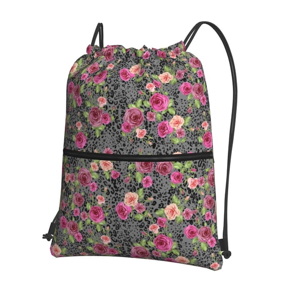Pofeuu Rose Mix Leopard Print Drawstring Backpack Water Resistant String Bag Sports Sackpack Gym Sack with Side Pocket for Men Women