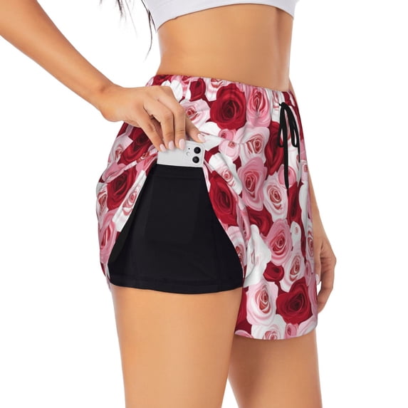 Pofeuu Rose Print Women's Athletic Shorts Running Workout Shorts Tummy Control Quick Dry Gym Shorts with Pockets Double layer sports shorts-X-Large