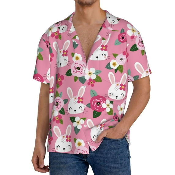 Pofeuu Rose Rabbit Print Mens Casual Short Sleeve Shirts Beach Summer Spread Collar Pocket Tops Men's Casual Short-sleeved Shirt-3X-Large
