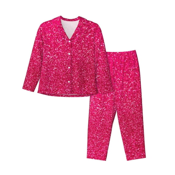 Pofeuu Rose Red Glitter Print Womens Pajamas Set Long Sleeve Sleepwear Button Down Nightwear Soft Pj Lounge Sets Button Down Pajamas Women-Small