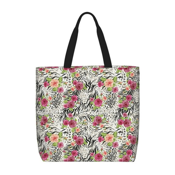 Pofeuu Roses Mixed Zebra Print Tote Bag for Women,Hobo HandBags with Zipper,Large Capacity Casual Shoulder Handbags with Inner Pockets