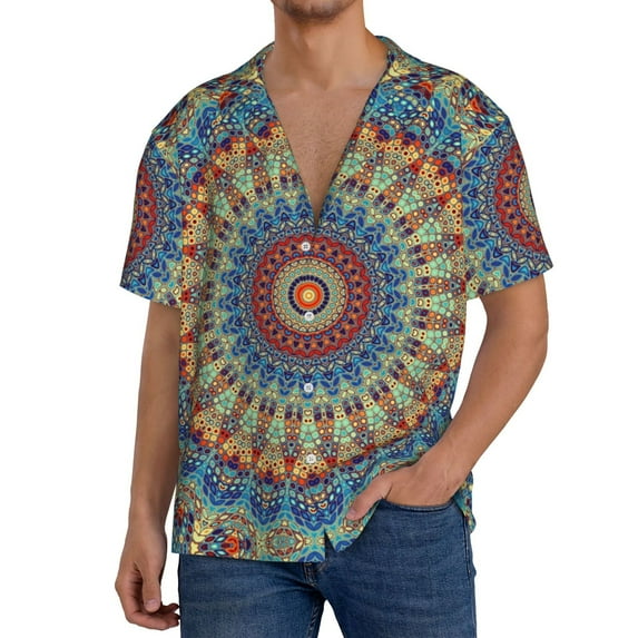 Pofeuu Round Mandala Print Mens Casual Short Sleeve Shirts Beach Summer Spread Collar Pocket Tops Men's Casual Short-sleeved Shirt-XX-Large