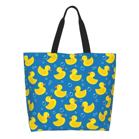 Pofeuu Rubber Duck Print Reusable Grocery Bags - Washable, Foldable, Packable Tote, Large Handles, Heavy Duty, Zippered Top Pouch