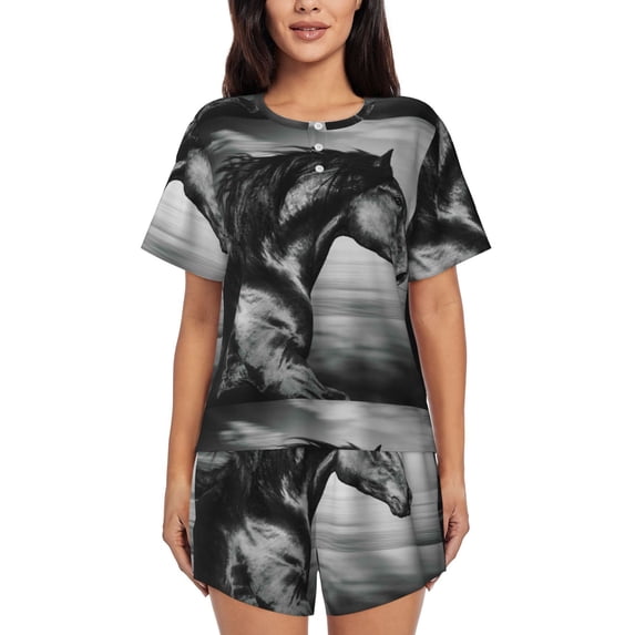 Pofeuu Running Horse Print Women's Pajama Set Short/Shorts Soft Button PJs Elastic Drawstring Waist Sleepwear-X-Large