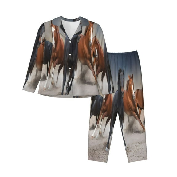 Pofeuu Running Horses Print Womens Pajamas Set Long Sleeve Sleepwear Button Down Nightwear Soft Pj Lounge Sets Button Down Pajamas Women-Small