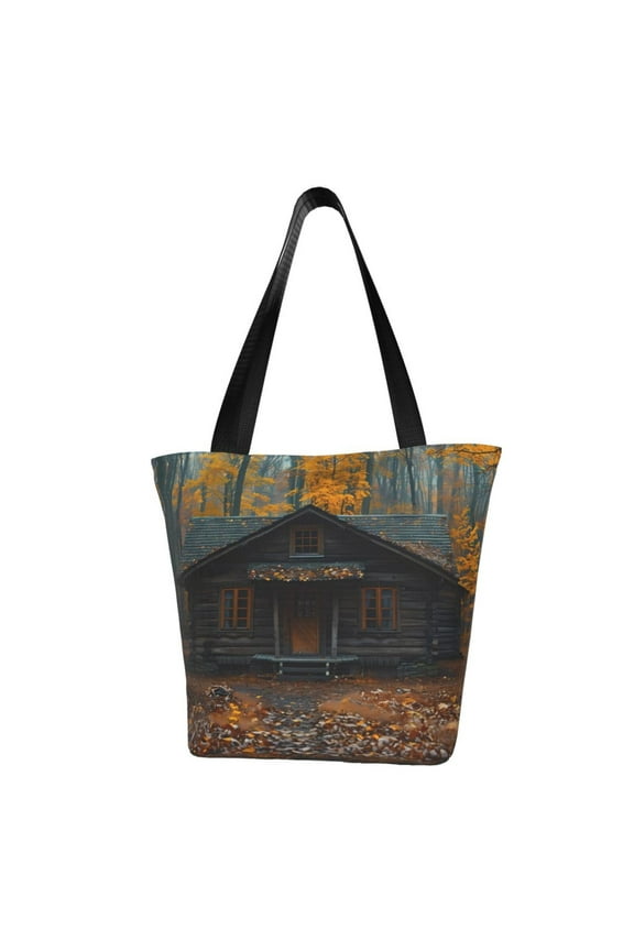 Rustic Cabin Autumn Forest Print Women Fashion Shoulder Handbags Top Handle Satchel Bags Tote Shoulder Shopping Bag Stylish Canvas Tote Bag