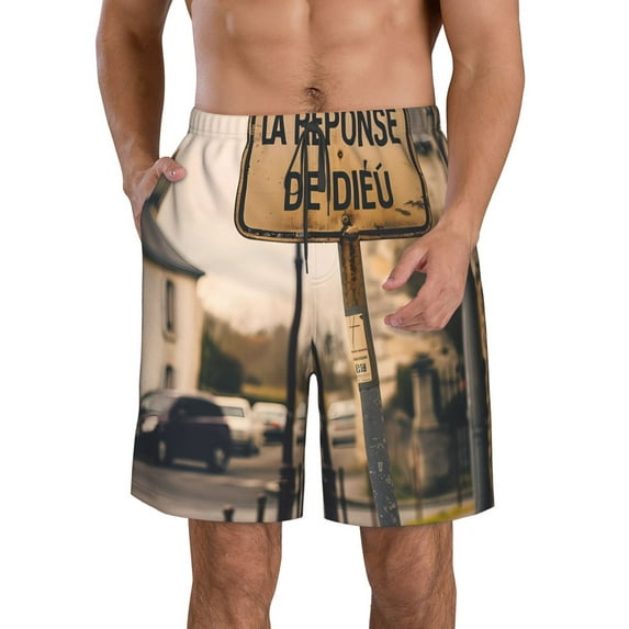 Pofeuu Rustic French Signpost Prin Men's Swim Trunks Quick Dry Bathing Suit Swimming Board Shorts Mesh Lining Beach Swimwear-Large