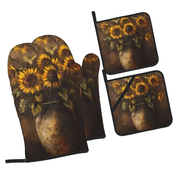 Pofeuu Rustic Sunflower Bouquet Print Oven Mitts and Pot Holders 4 pcs Set,High Heat Resistant 500 Degree Extra Thicken Long Kitchen Cotton Oven Glove for Cooking