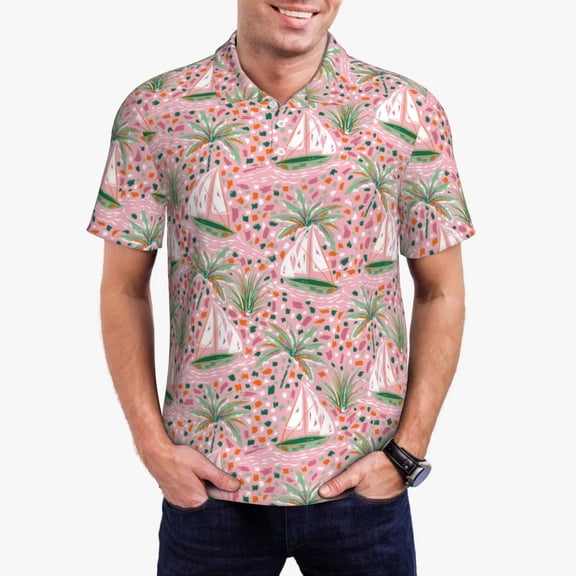 Pofeuu Sailboats And Palm Tree Print Men's Loose Fit Midweight Short-Sleeve Pocket Polo-4X-Large