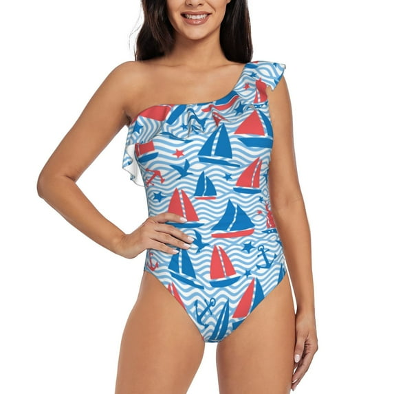 Pofeuu Sailboats On A Waves Print Women's One Piece Swimsuits One Shoulder Swimwear Asymmetric Ruffle Monokinis Bathing Suits-Large