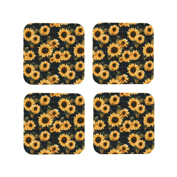 Pofeuu Scottish Blue Plaid Sunflower Print Coasters for Drinks, 4Pack PU Leather Coasters, Bar Drink Coasters for Tabletop Protection, Furniture from Damage-Square