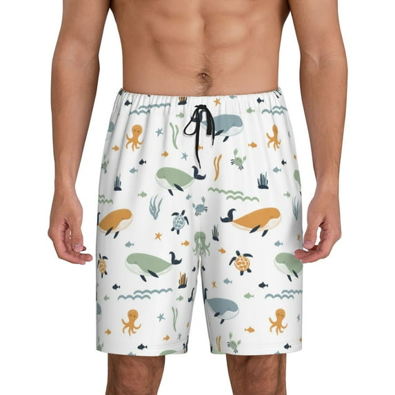 Pofeuu Sea Creatures Print Men's Soft Woven Elastic Waistband Sleep Pajama Short-X-Large