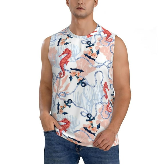 Pofeuu Sea Horse And Corals Print Men's Muscle T-Shirt, Sleeveless, Muscle Tank, Classic Muscle Tee Top For Men Casual Sleeveless Muscle T-Shirt Trendy Clothes-Medium