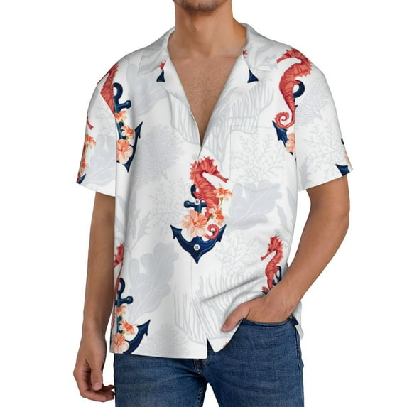 Pofeuu Sea Horse And Corals1 Print Mens Casual Short Sleeve Shirts Beach Summer Spread Collar Pocket Tops Men's Casual Short-sleeved Shirt-Medium