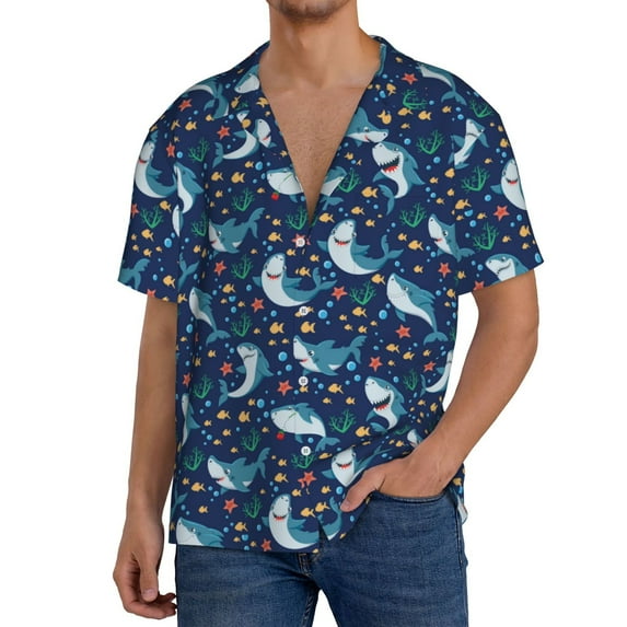 Pofeuu Sea Sharks Print Mens Casual Short Sleeve Shirts Beach Summer Spread Collar Pocket Tops Men's Casual Short-sleeved Shirt-4X-Large