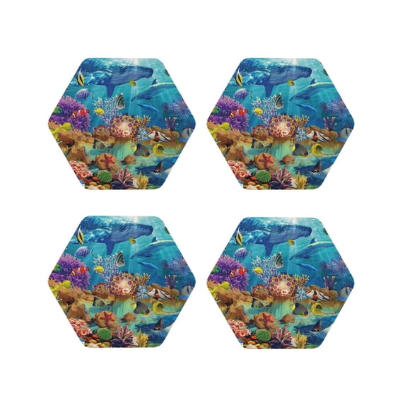 Pofeuu Sea World Print Coasters for Drinks, 4Pack PU Leather Coasters, Bar Drink Coasters for Tabletop Protection, Furniture from Damage-Hexagon