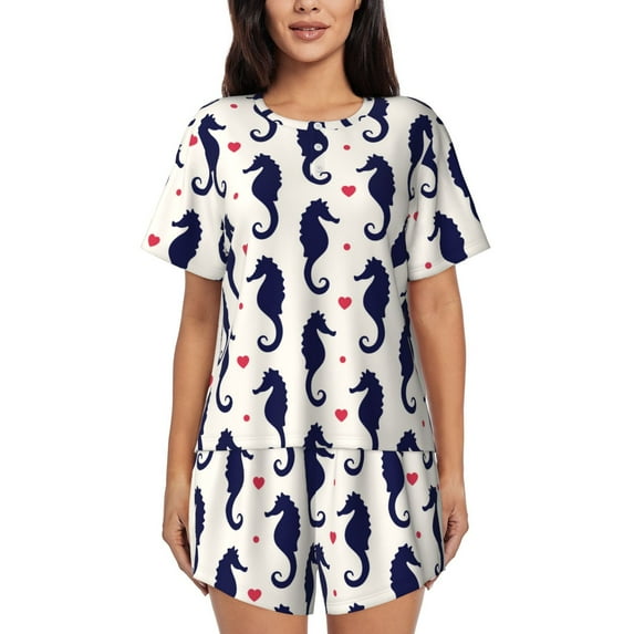 Pofeuu Seahorses and Hearts Print Women's Pajama Set Short/Shorts Soft Button PJs Elastic Drawstring Waist Sleepwear-XX-Large