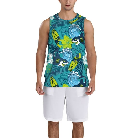 Pofeuu Shark And Leaves Print Basketball Jersey, Shirts for Men Youth Basketball Jersey Crew Neck-Small