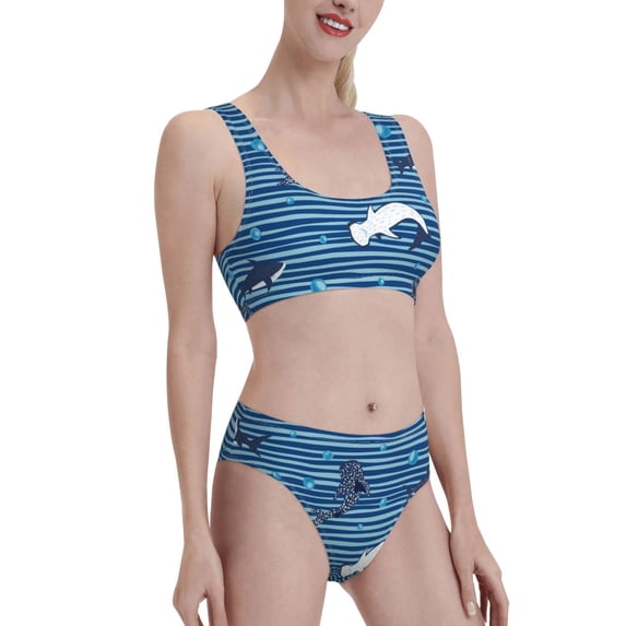 Pofeuu Sharks on White Blue Striped Print Womens Bathing Suits Modest High Waisted Bikini Sets Cute Halter 2 Piece Swim Suit
