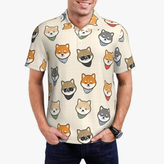 Pofeuu Shiba Head Face Print Men's Loose Fit Midweight Short-Sleeve Pocket Polo-Large
