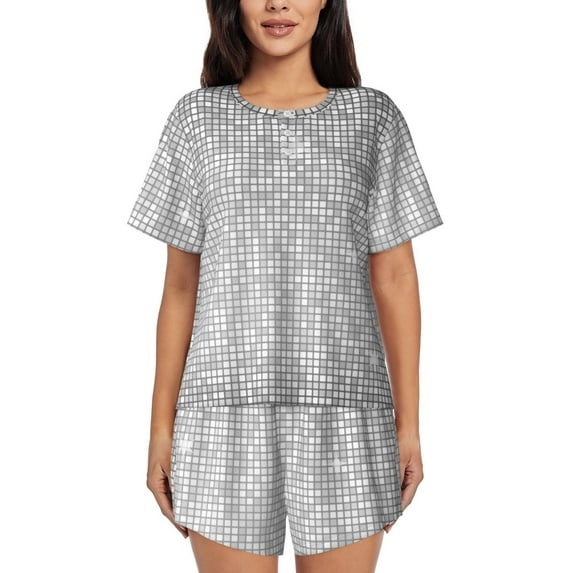 Pofeuu Silver Mosaic Print Women's Pajama Set Short/Shorts Soft Button PJs Elastic Drawstring Waist Sleepwear-4X-Large