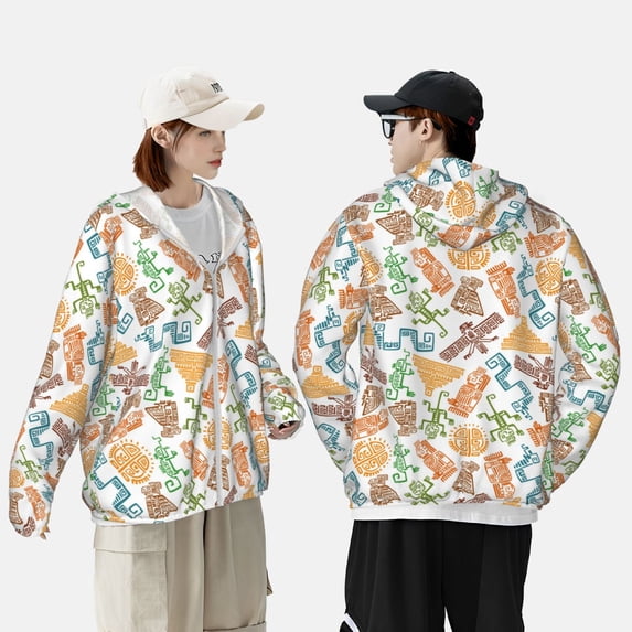 Pofeuu Simple Drawing Print Sun Protection Outdoor Lightweight Full Zip UV Cooling Hoodie Long Sleeve Summer Clothing for Outdoor Hiking-Large
