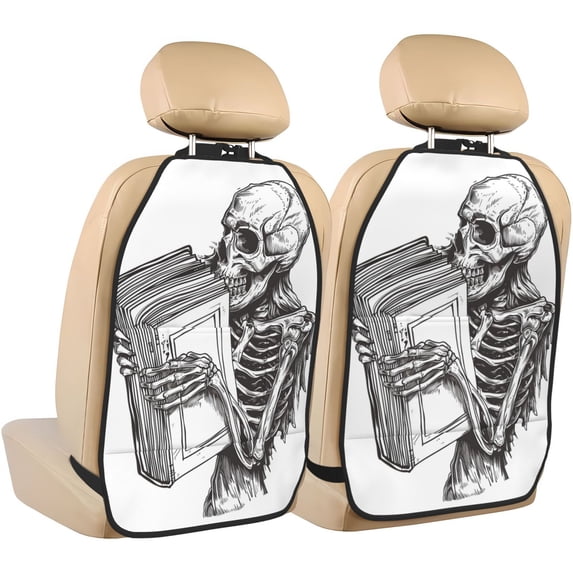 Pofeuu Skeleton Book Lover Print 2 Pack PU Leather Kick Mat Back Seat Protector, Universal Car Seat Back Organizer, Waterproof Backseat Protector For Most Car