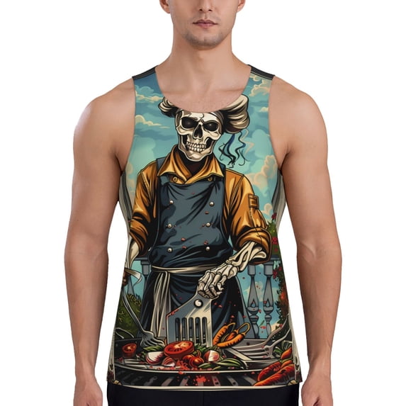 Pofeuu Skeleton Chef BBQ Scene Print Men's Workout Tank Tops Sleeveless Muscle Gym Shirt Quick Dry-4X-Large