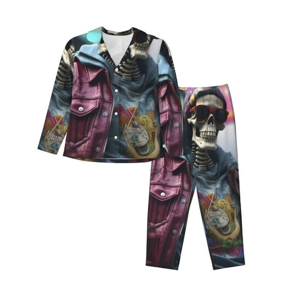 Pofeuu Skeleton Cool Street Fashion Print Womens Pajamas Set Long Sleeve Sleepwear Button Down Nightwear Soft Pj Lounge Sets Button Down Pajamas Women-XX-Large
