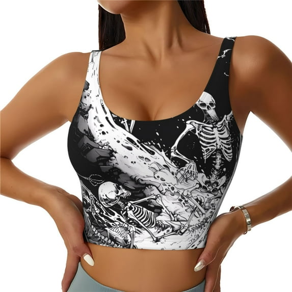 Pofeuu Skeleton Wave Artwork Print Sports Bra for Women Sexy Vest Yoga Running Gym Fitness Crop Bras Tops-Large