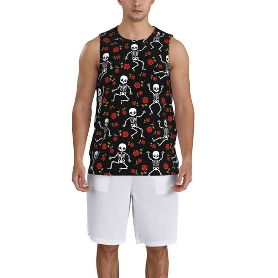 Pofeuu Skeleton with Roses Print Basketball Jersey, Shirts for Men Youth Basketball Jersey Crew Neck-3X-Large