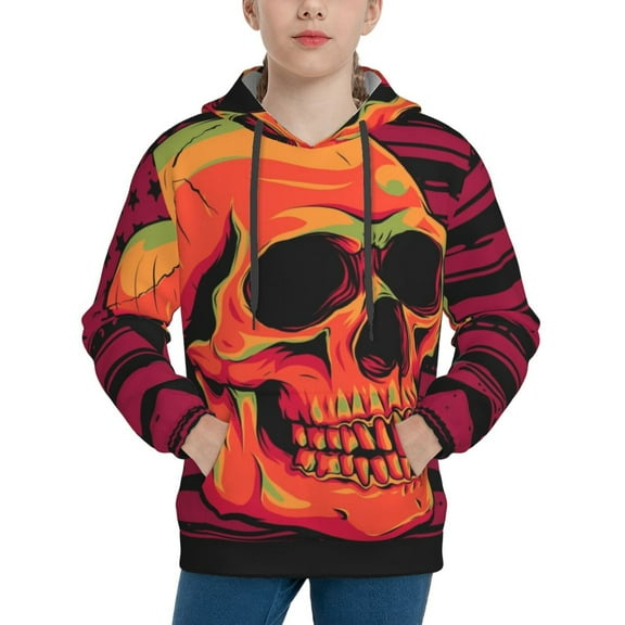 Pofeuu Skull And Flag Usa Print Kids Pullover Hoodies Warm Thick Hooded Sweatshirt with Packet for Boys Girls-Medium